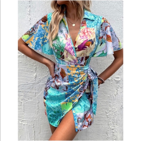 Boho Floral Tropical Butterfly Wrap Mini Dress - Picture 6 of 12